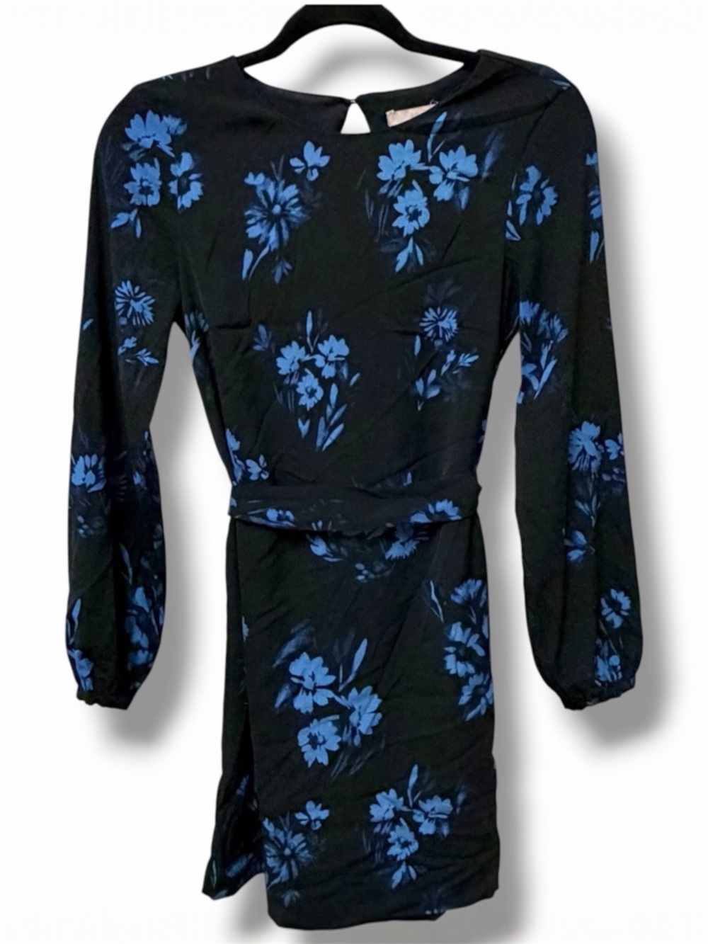 Black Blue Floral Shift Mini Dress Long Sleeve Belted Sheer Overlay Size 2